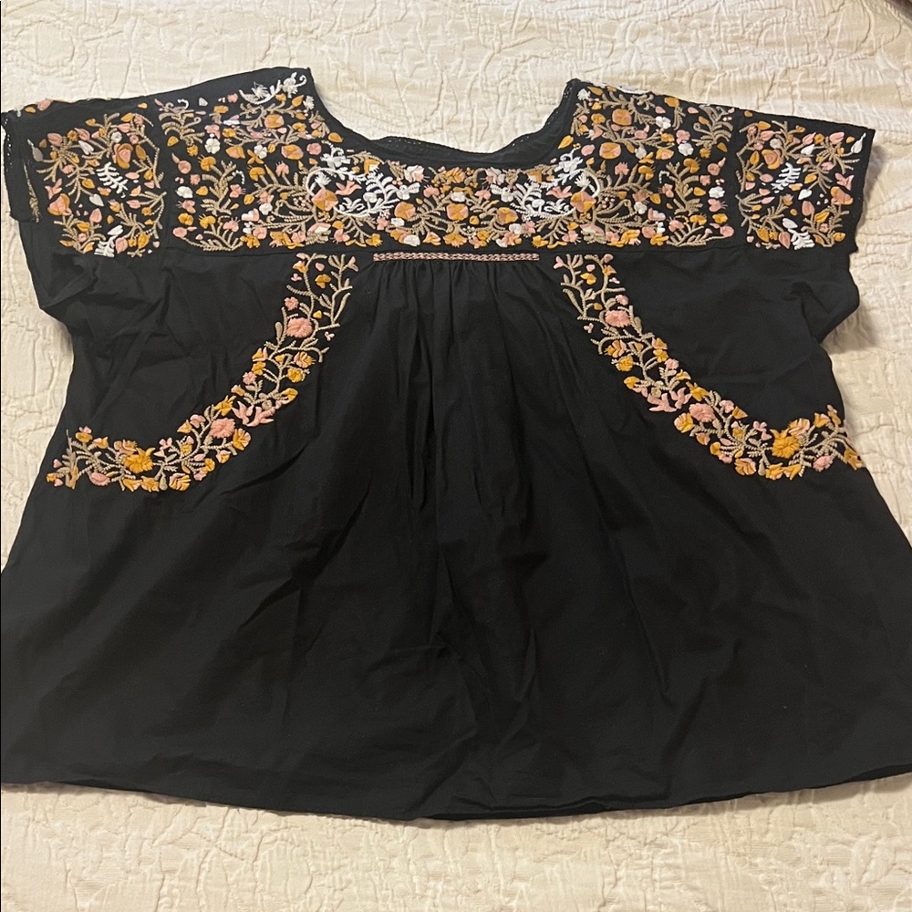 Madewell Black Blouse with Floral Embroidery